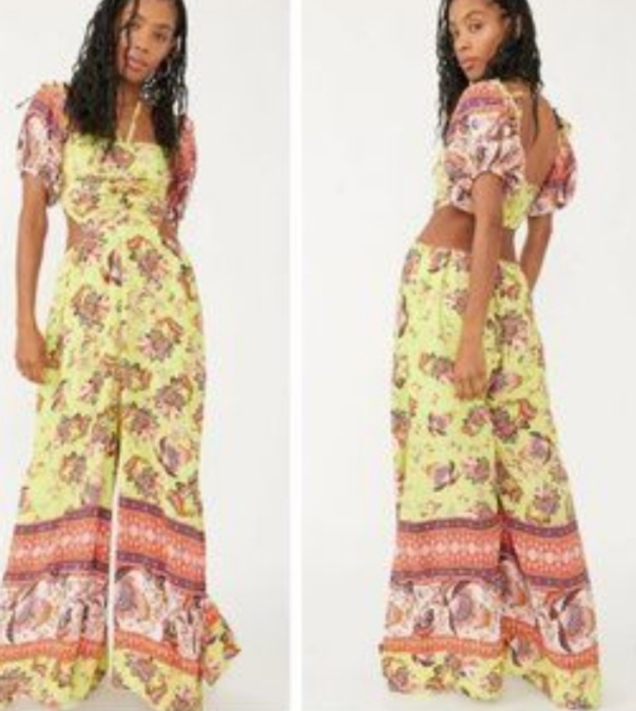 Free People Yellow Floral Wide-Leg Jumpsuit NWT